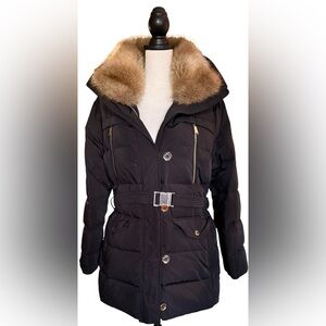 Michael Kors Black Belted Down Puffer Coat Fur Trim Hood Gold Hardware Large